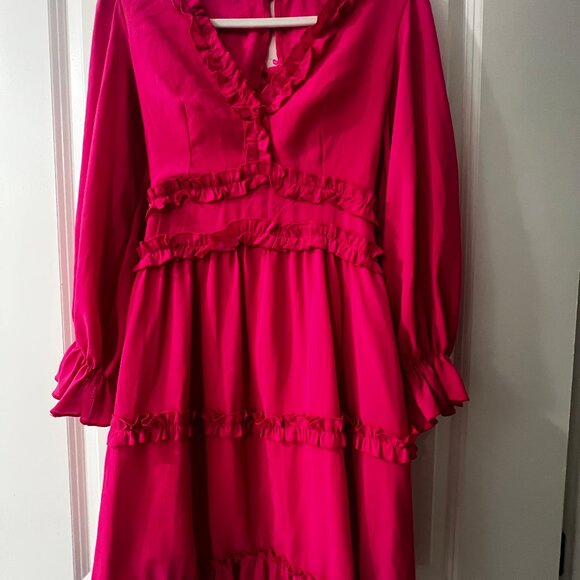 V-neck ruffled flowy summer long-sleeve stretch mini dress - pink - Small - Picture 2 of 3